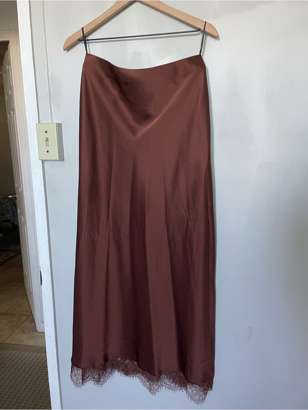 SET Silky Lace-Trim Maxi Slip Skirt and Top- Brown